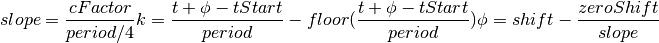 slope = \frac{cFactor}{period/4}
k = \frac{t+\phi-tStart}{period}-floor(\frac{t+\phi-tStart}{period})
\phi = shift - \frac{zeroShift}{slope}